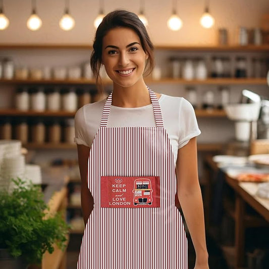 Woman wearing a striped apron with a London-themed design in a kitchen setting.