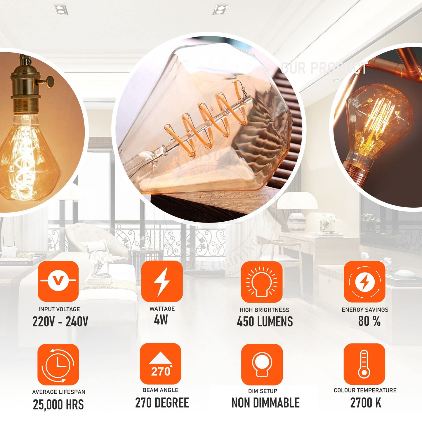 LED Light Bulb Dimond E27 4W Filament Glass Warm White ~1333