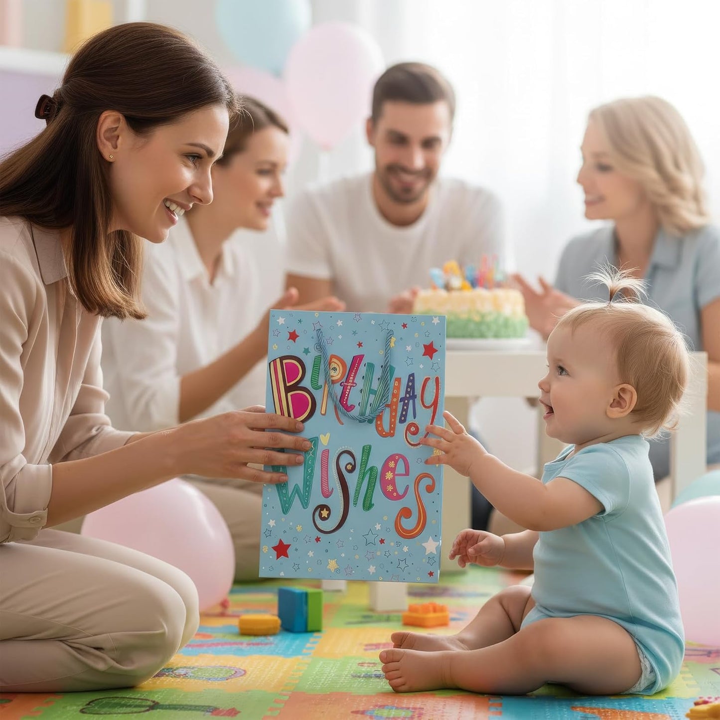 Woman holding a 'Happy Birthday' sign with a baby and family in the background.