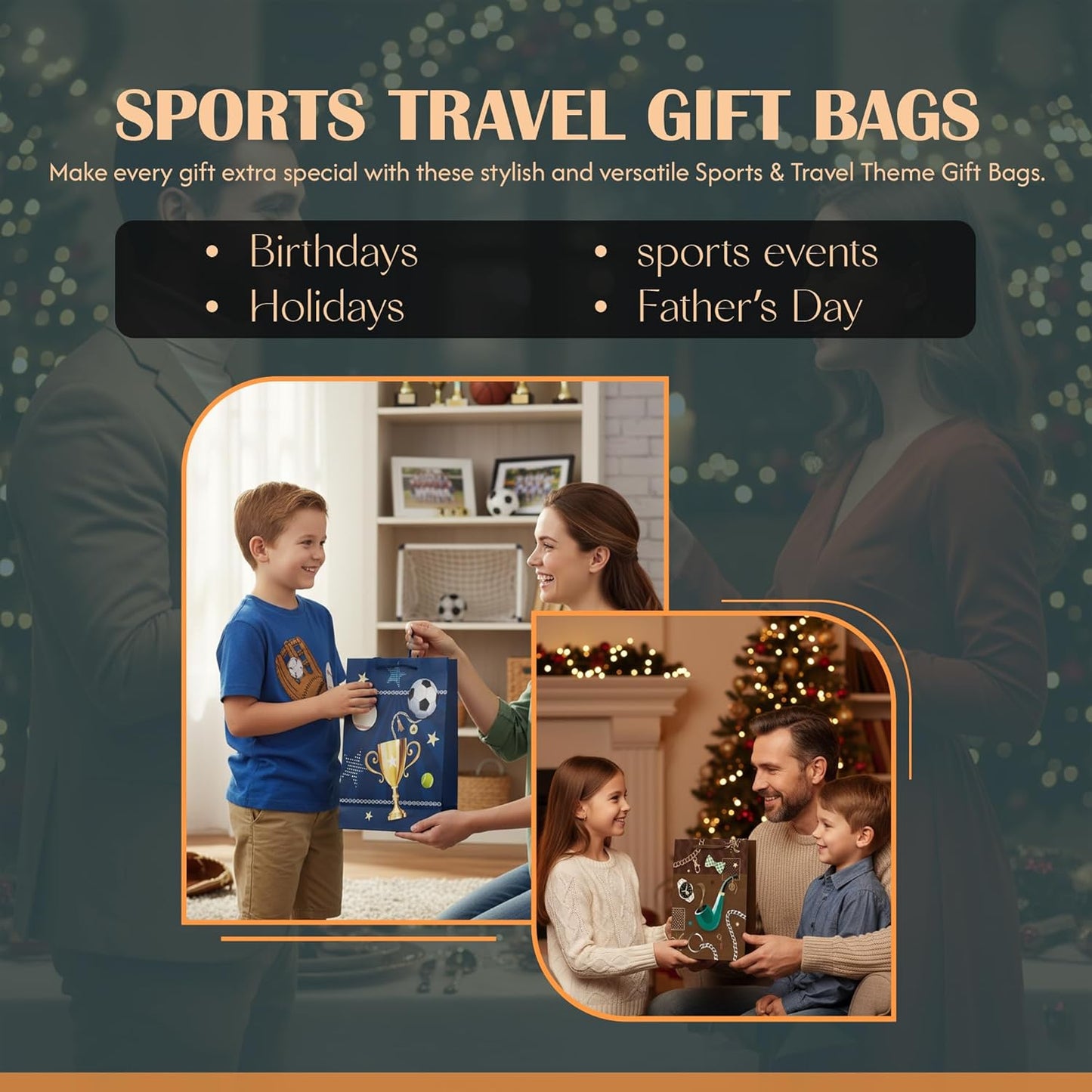 Advertisement for sports travel gift bags with family scenes and text about occasions.