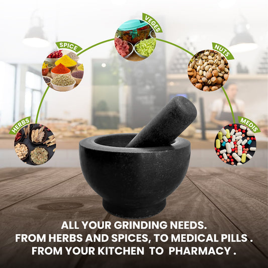 Black mortar and pestle with circular insets of herbs, spices, nuts, and pills on a blurred kitchen background.