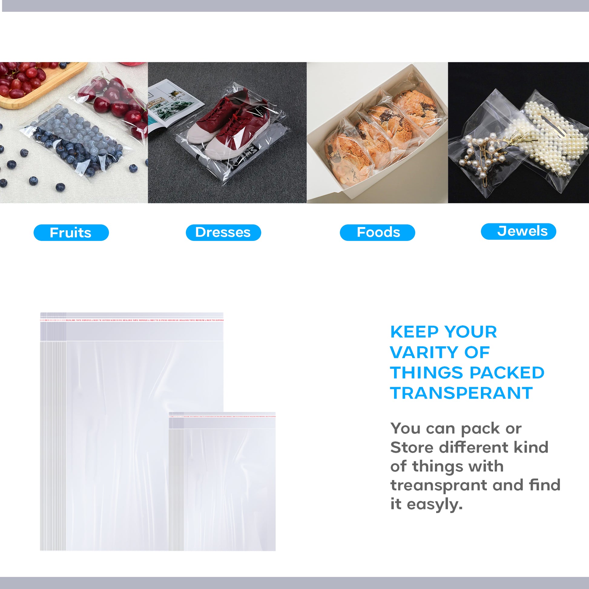 Transparent zip lock bags for storage