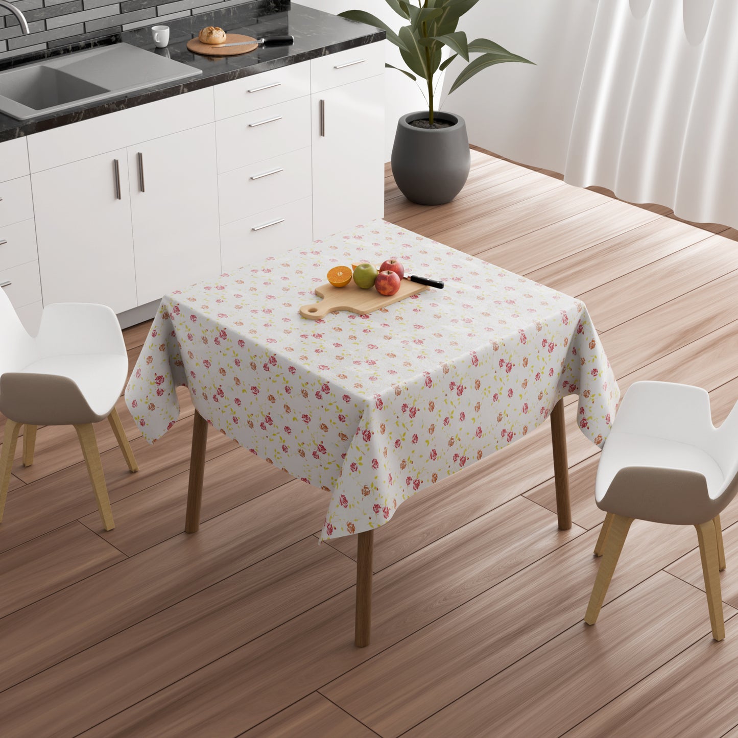 White tablecloth with flowers
