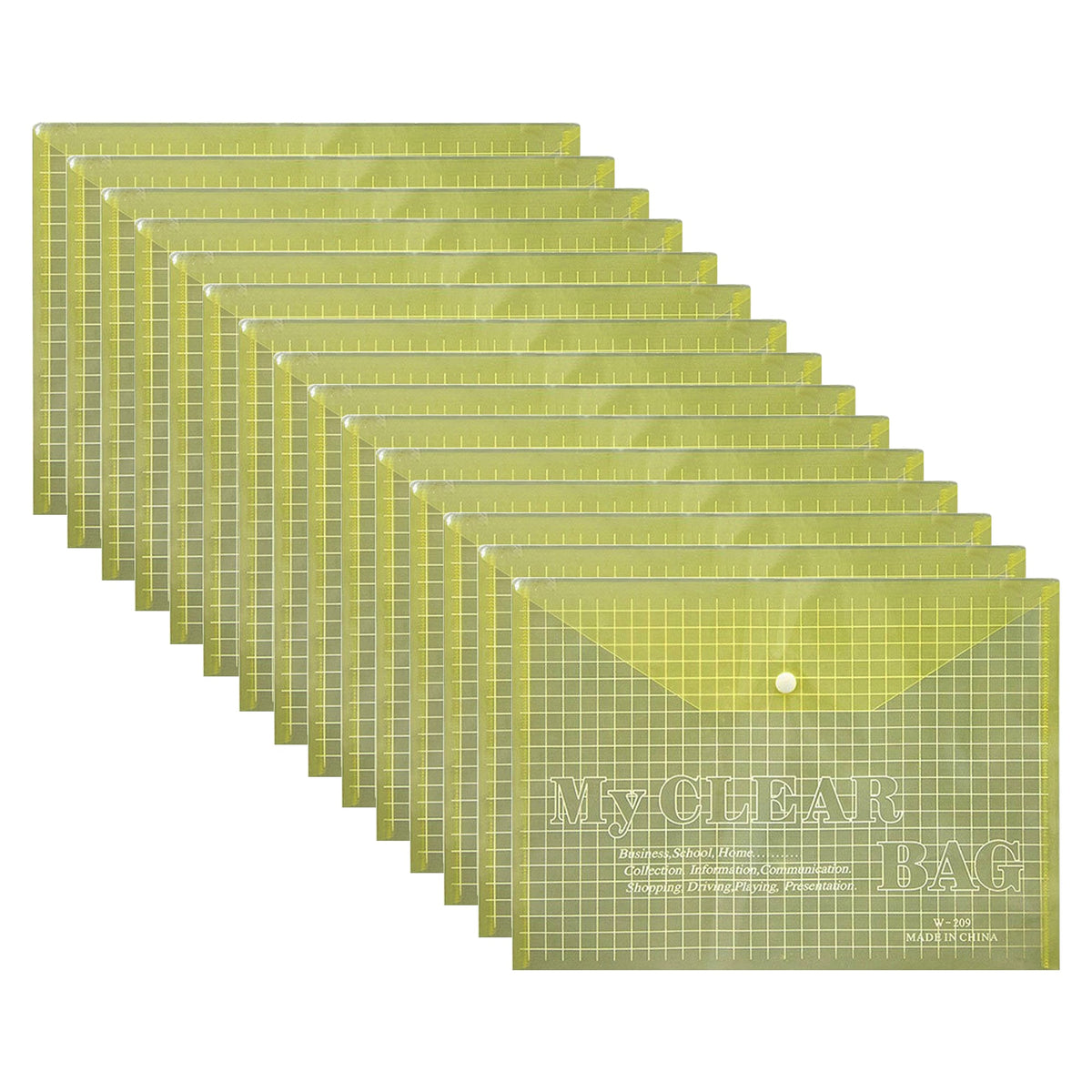 A4 Clear Snap-Button Document Envelopes – Pack of 12, Blue, Green or Yellow - Yellow