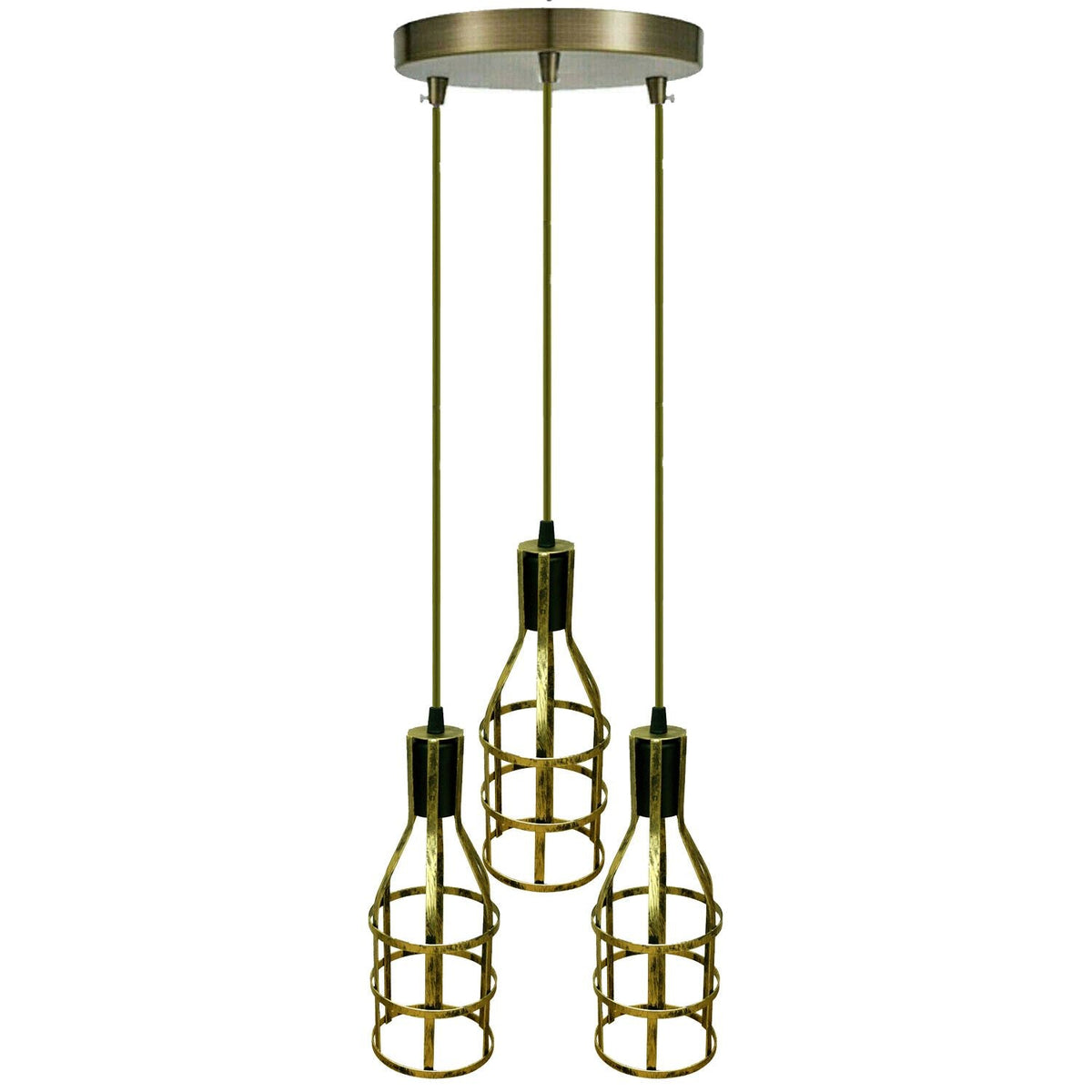 3-Light Pendant Holder Set – Brass Lamp Holders, Green Cable - Green Brass, Cage Brushed Brass, Without Bulb