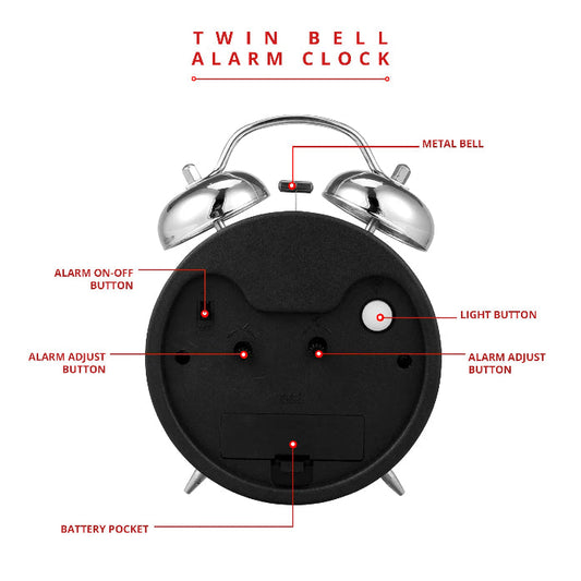 Twin Bell Alarm Clock – Loud Bell, 23 cm, Black or Red - photo 2