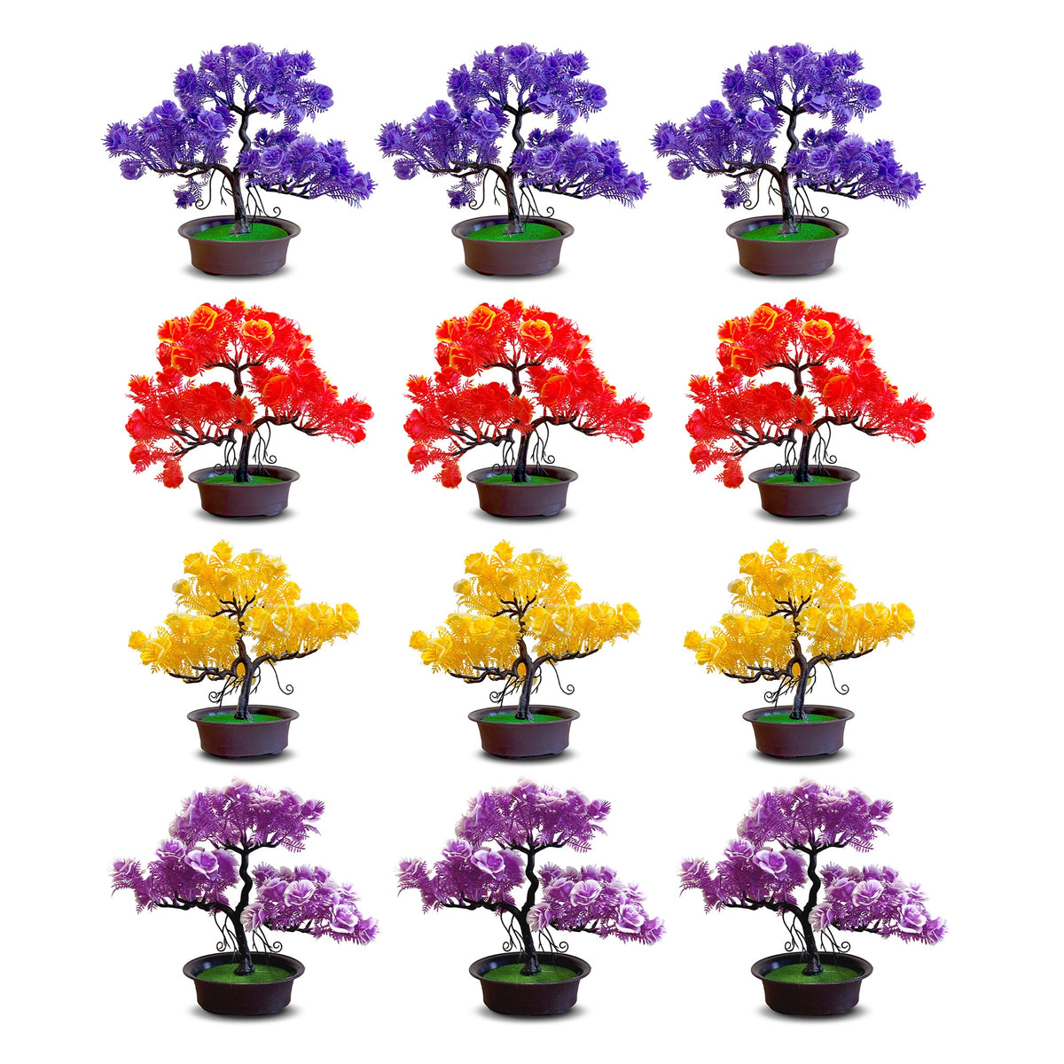 Artificial Flowering Bonsai Trees in Pots – Pack of 2 or 3, Assorted Colours - Pack of 3