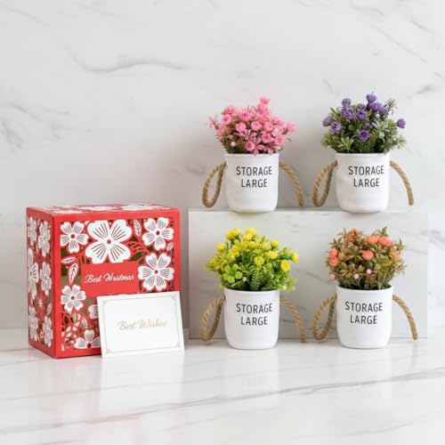 Mini Artificial Flower Pots with Rope Handles – Pack of 3 or 4, Assorted - Pack of 4
