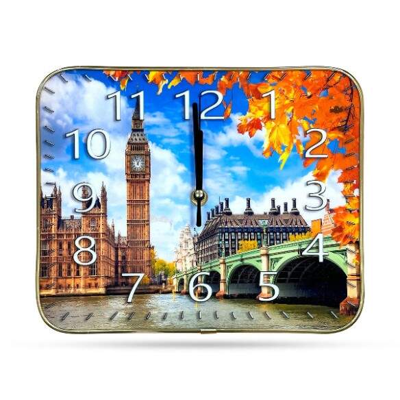 Wall clock with Big Ben and autumn leaves design on a white background
