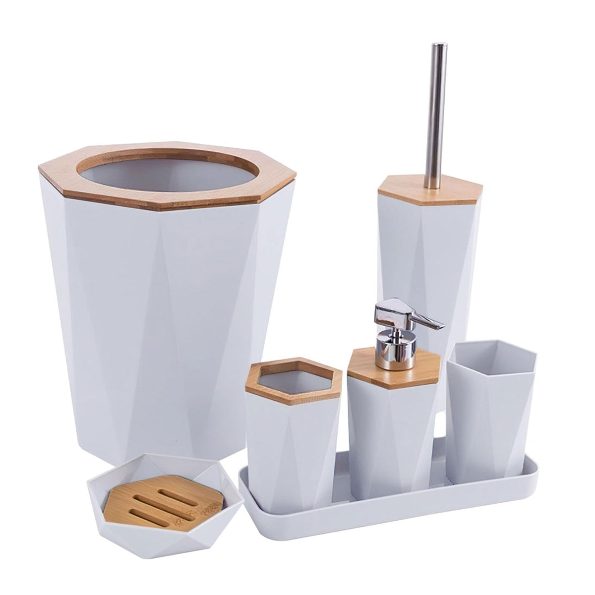 7-Piece Bathroom Accessory Set – Faceted Design, Bin & Toilet Brush, 3 Colours - White