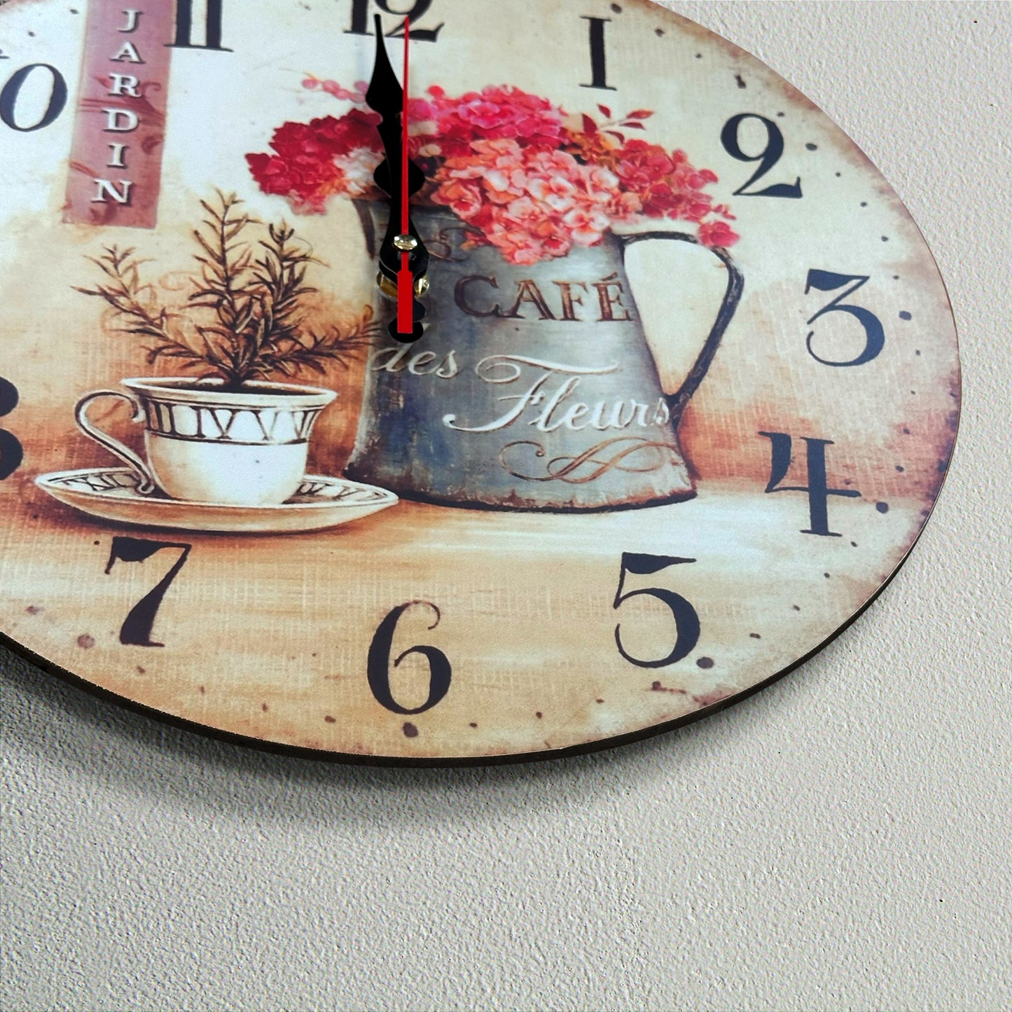 Ticking Round Shabby Chic Wall ClockCafe Cup and Flowers