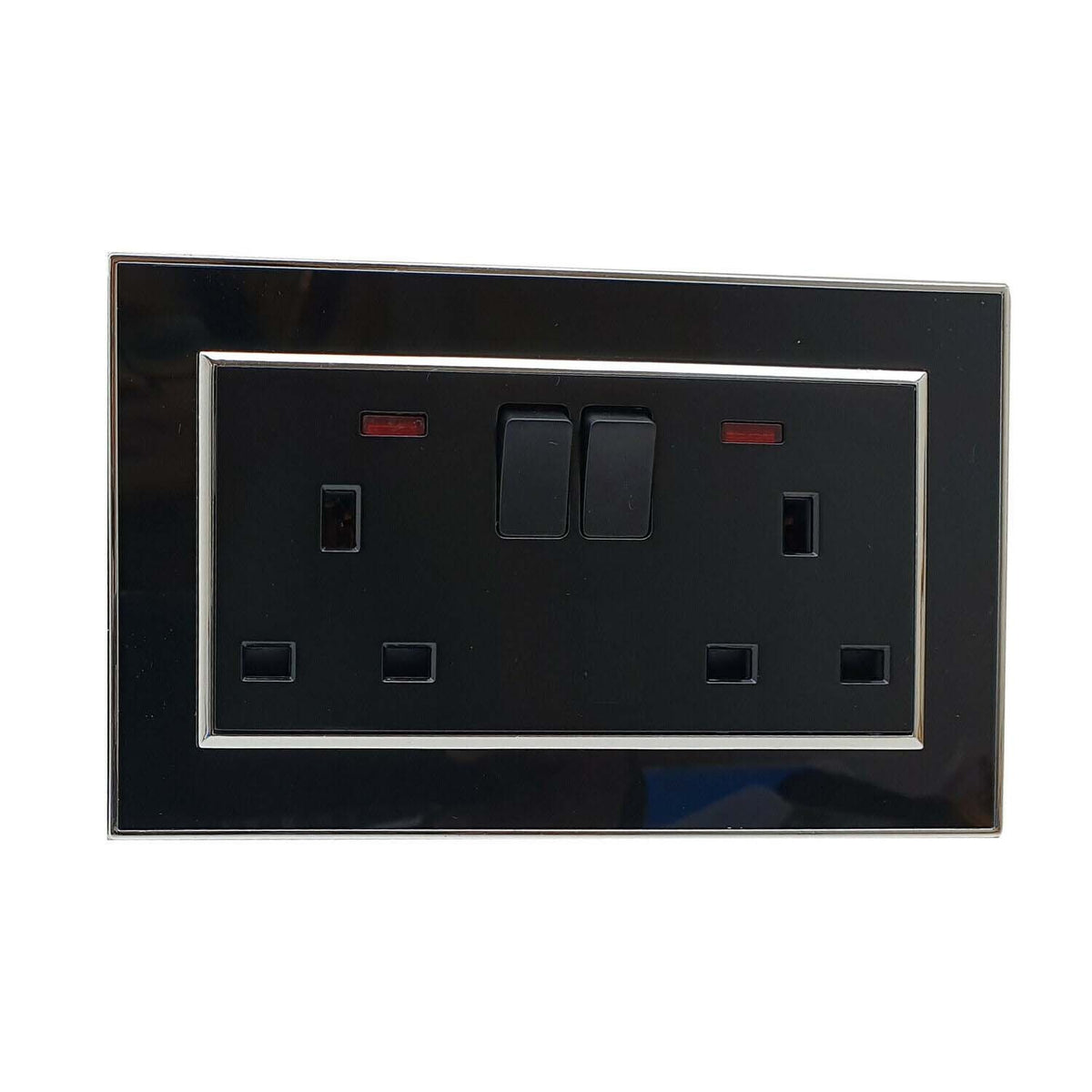 Black 13A Switched Wall Socket with Silver Edge – 1 & 2 Gang - 2 Gang Socket