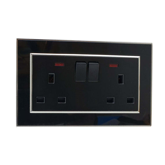 Black 13A Switched Wall Socket with Silver Edge – 1 & 2 Gang - 2 Gang Socket