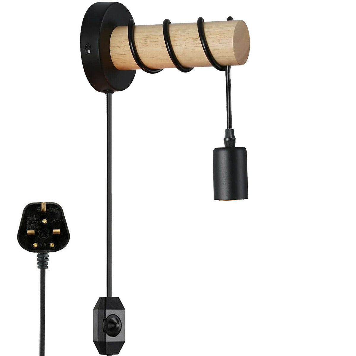 Plug-In Wood Log Wall Light with Dimmer – Black & Natural Wood, E27 - photo 7