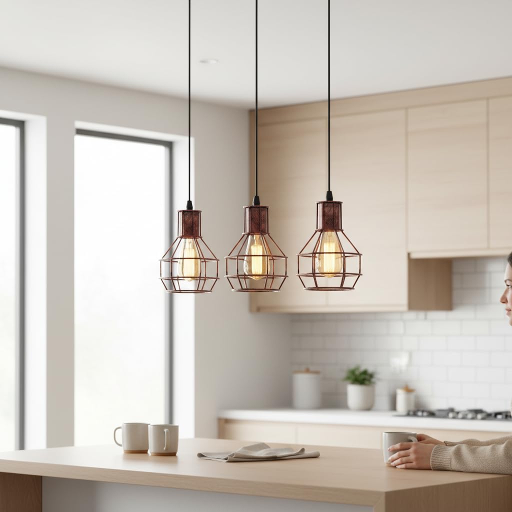 3 Light Cage Cluster Pendant – Round Plate or Bar, 5 Finishes, E27 - photo 27