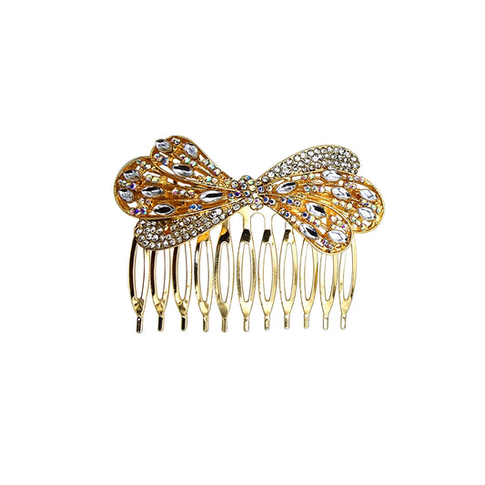 Decorative Hair Combs – 10 Crystal, Stone & Enamel Designs, Metal Side Comb - Gold Crystal Bow