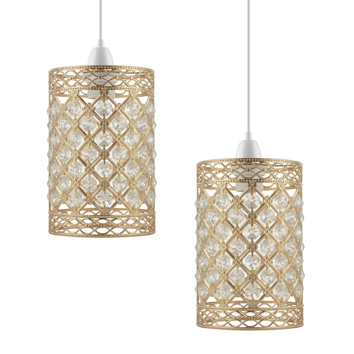 Gold Crystal Cage Lamp Shade – 10, 12 or 14 cm, Easy Fit - French Gold, 12 cm with Reducer Ring, Pack of 2