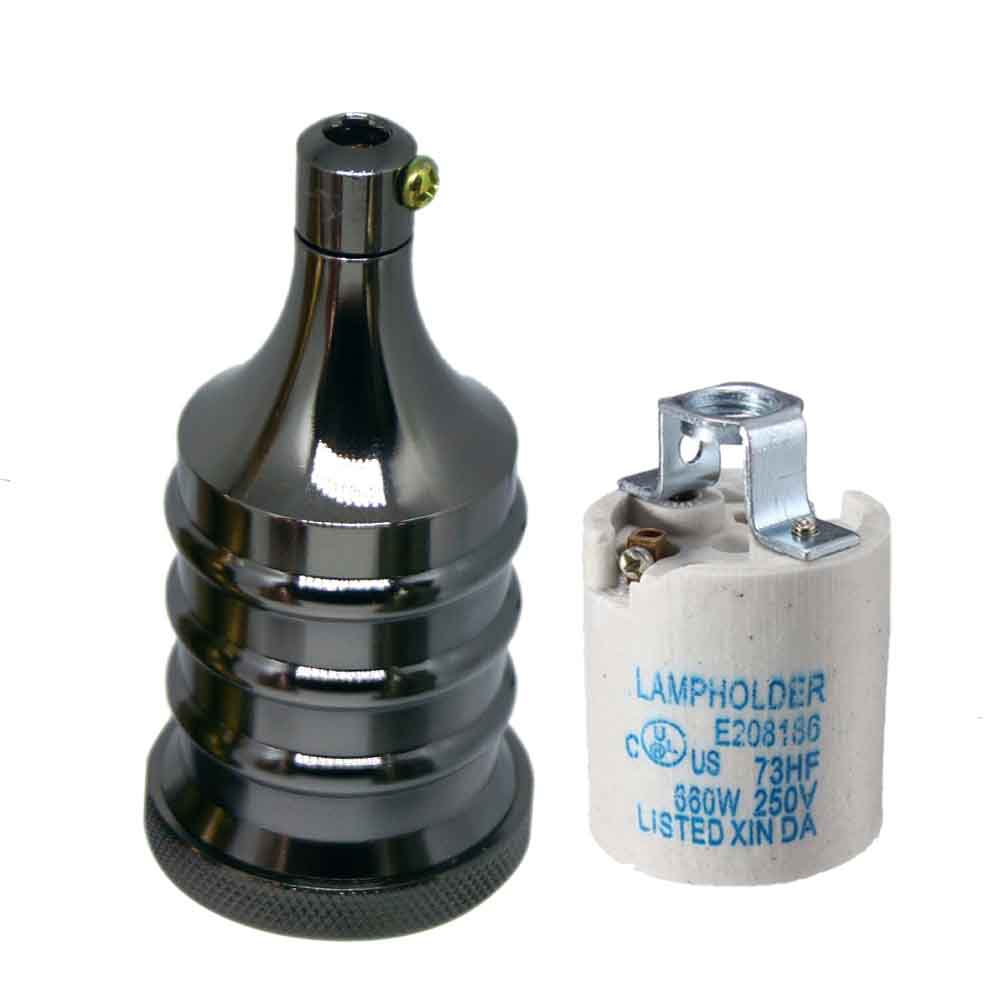 Shiny Black Ribbed E27 Lamp Holder with Ceramic Socket - photo 2