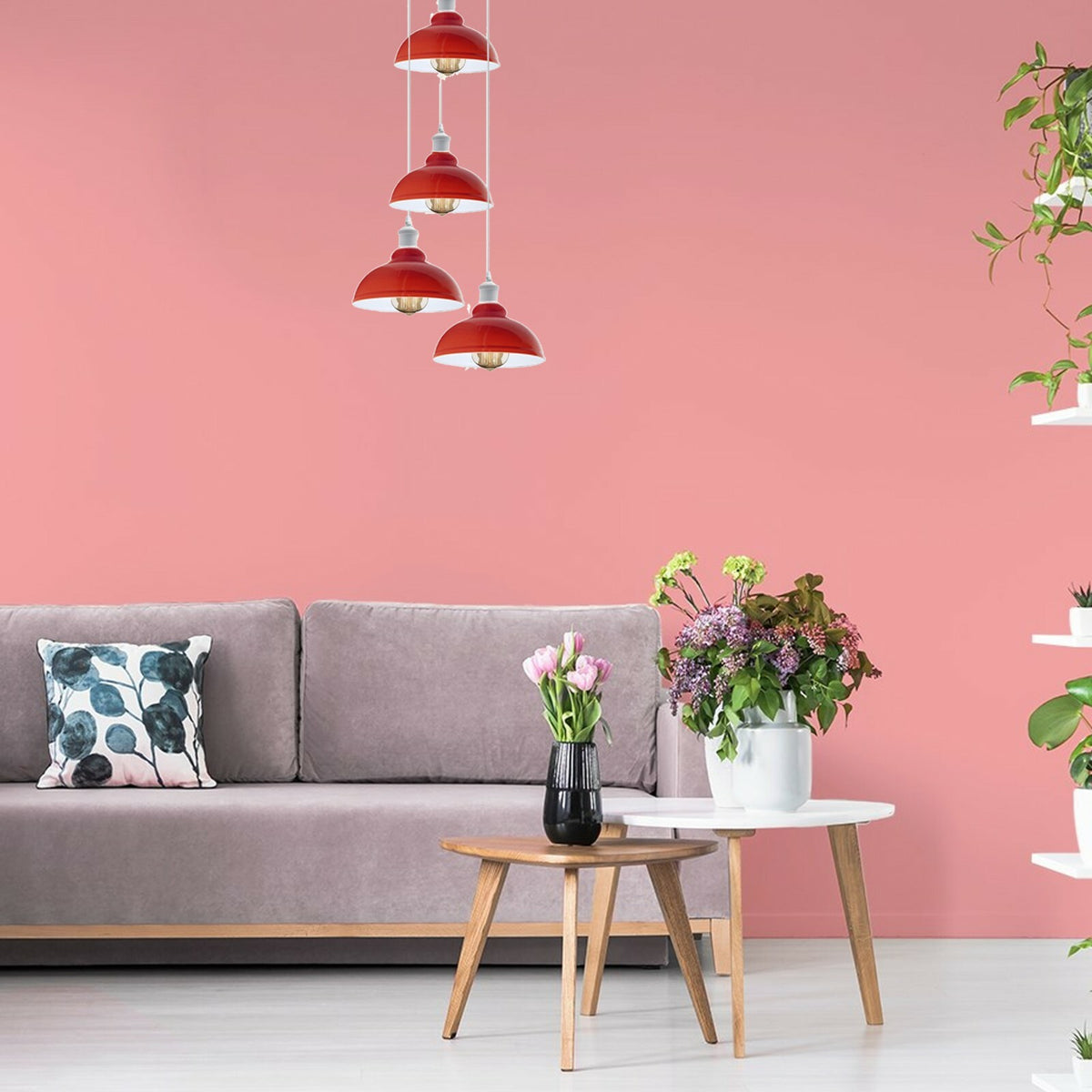 4-Light Red Dome Pendant Cluster – White Round Plate, E27 - photo 5