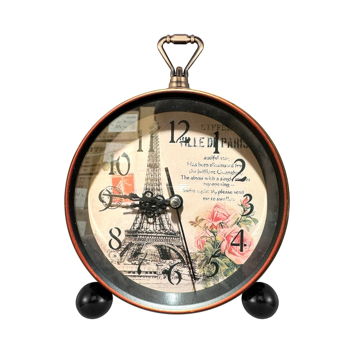 Vintage Alarm Clock – Non-Ticking, 18 cm, Floral, Butterfly or Eiffel Tower - Eiffel Tower Dial