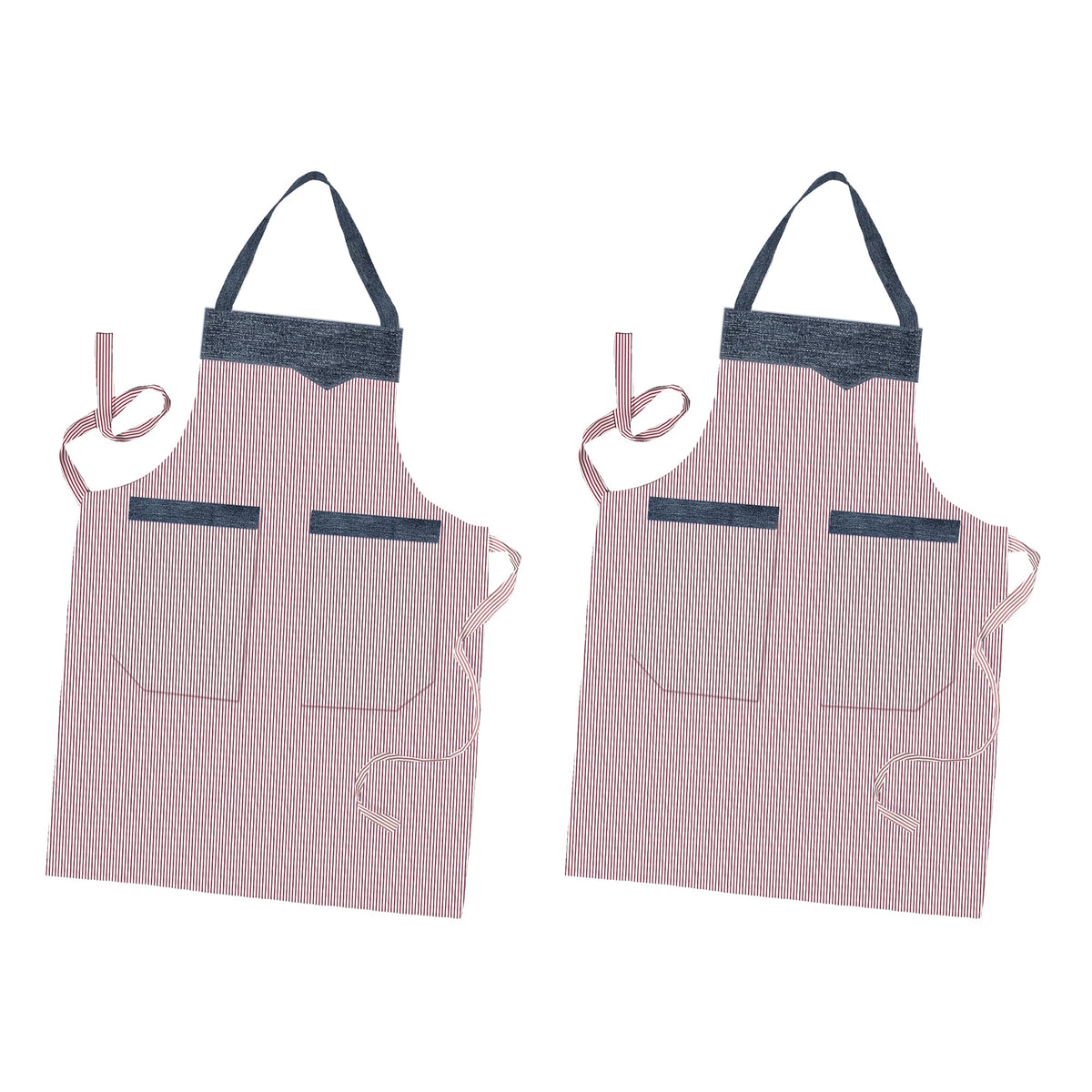 Double Pocket Cotton Aprons, Pack of 2 – Black or Red Fine Stripe - Red & White Stripe, Pack of 2