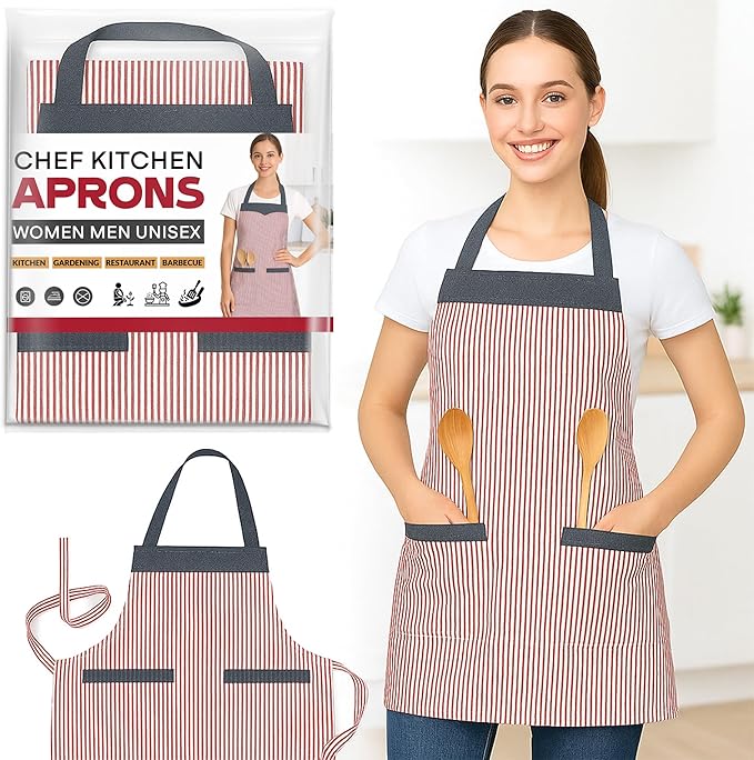 Double Pocket Cotton Apron – Black or Red Fine Stripe, Denim-Look Trim - Red & White Stripe