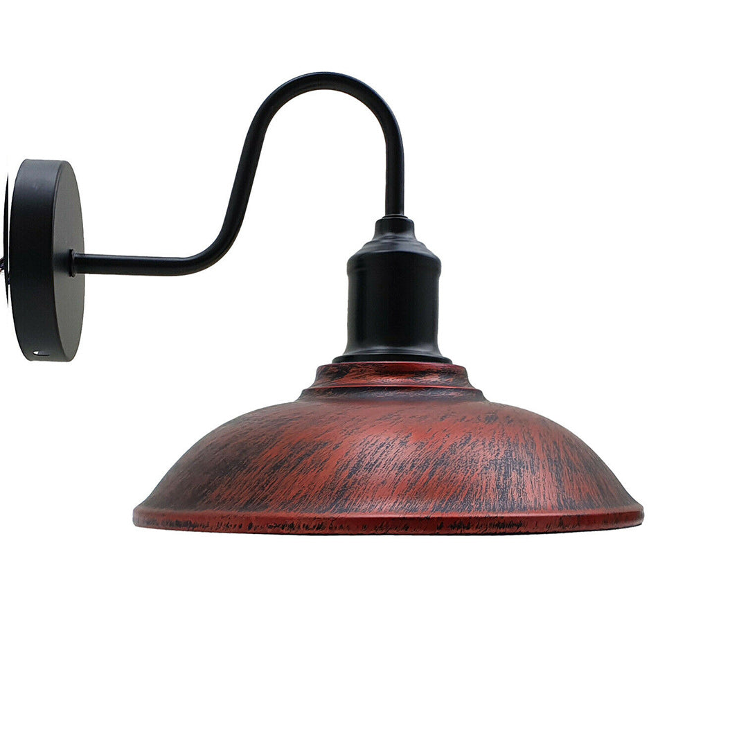 Curved Swan Neck Wall Light Black with Shade - Black, Vintage 24 cm Rustic Red, Without Bulb