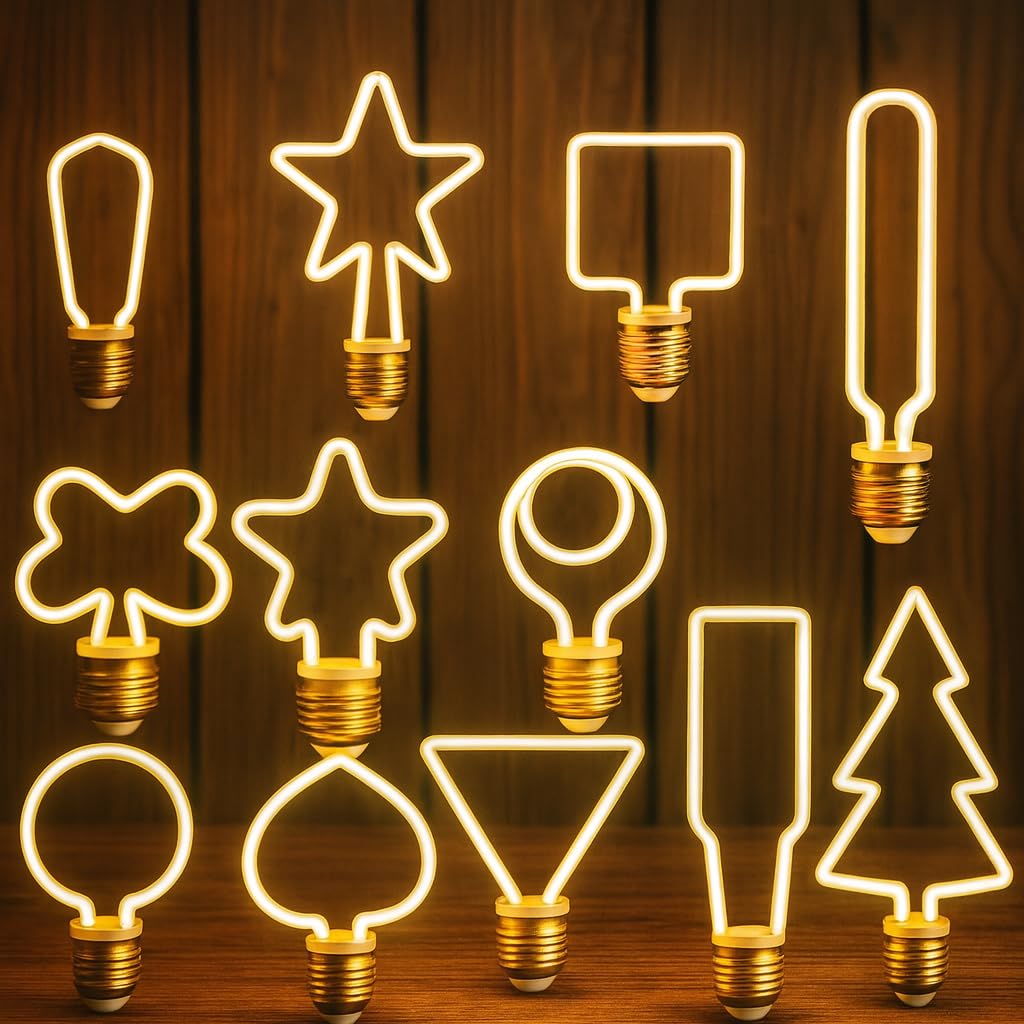 Decorative LED Filament Bulbs E27 – Heart, Star, Spiral, Christmas Tree & More - Set of 12 Shapes, Single, 4W & 8W