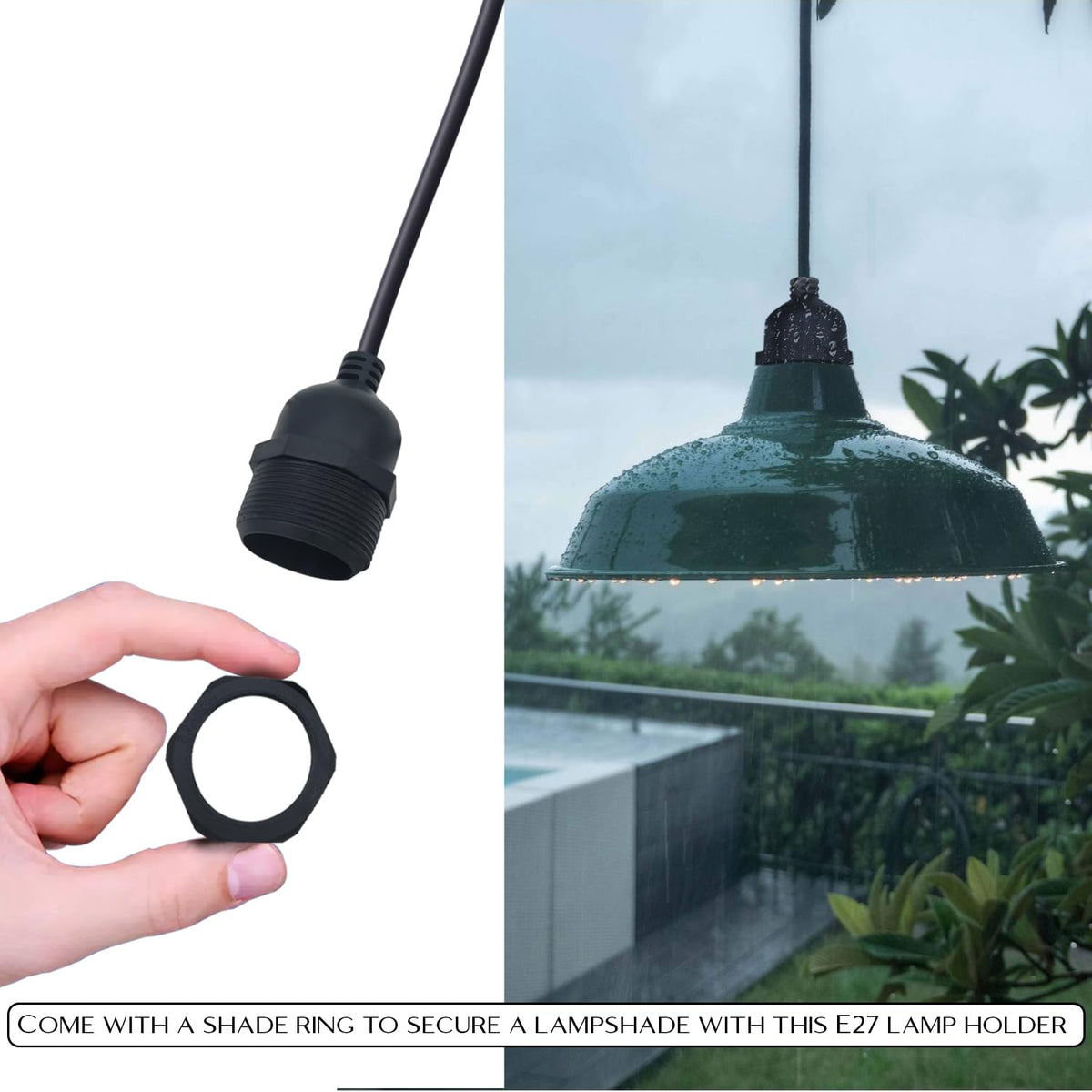 IP65 Swag Pendant Light – Black, Ceiling Hook, E27 - photo 9