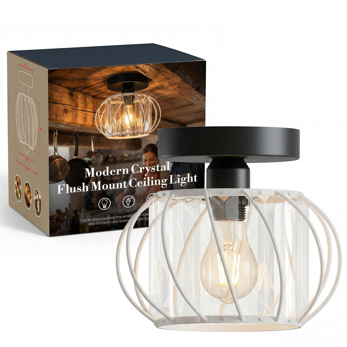 Semi Flush Ceiling Light – Dome, Crystal or Wire Cage Shade, Black, E27 - Black, Crystal Cage 18 cm White, Without Bulb