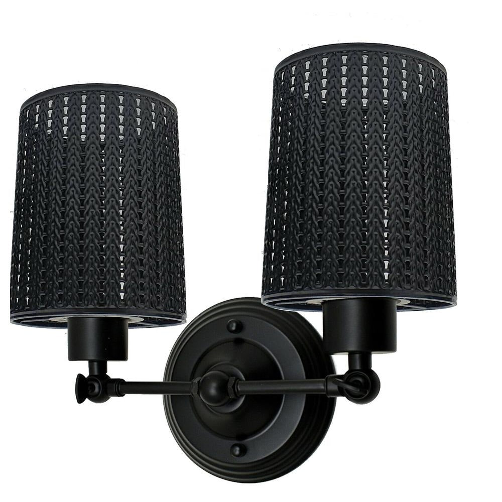 Double Head Wall Light with Cages – Black or Rustic Red, 2 x E27 - Black, Barrel Cage Style 3 Black, Without Bulb