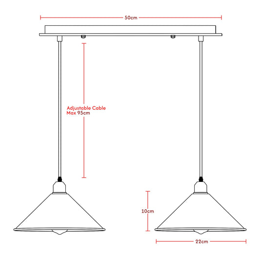 2-Light Bar Pendant – Flat Cone Shades, Black, Grey or White, E27 - photo 2