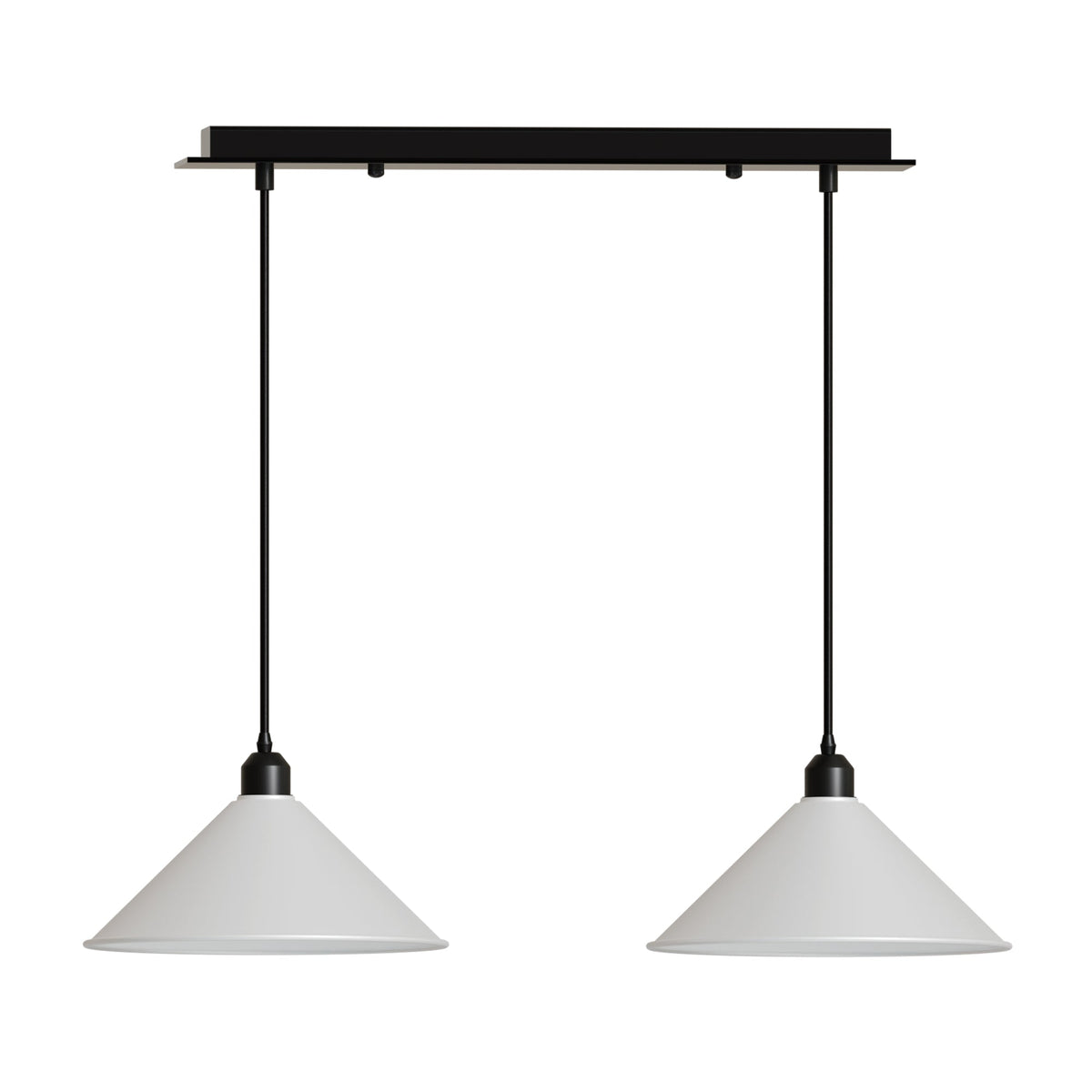 2-Light Bar Pendant – Flat Cone Shades, Black, Grey or White, E27 - Black, Flat Cone 22 cm White, Without Bulb