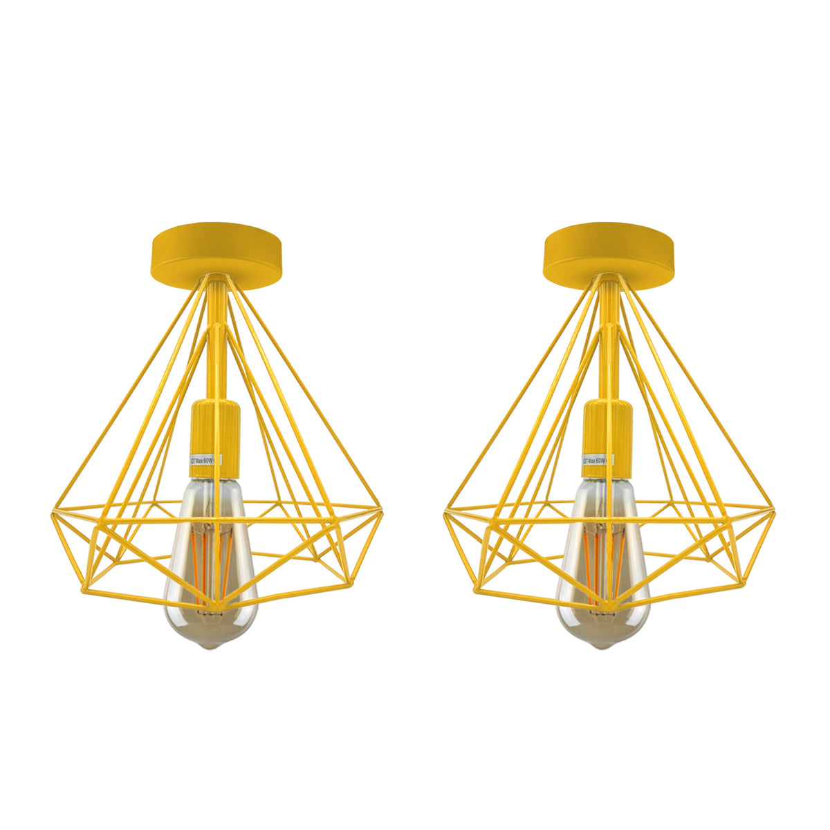 Geometric Cage Flush Ceiling Light – E27, Singles or Packs - Yellow (Pack of 2), Geometric Cage Yellow, Without Bulb