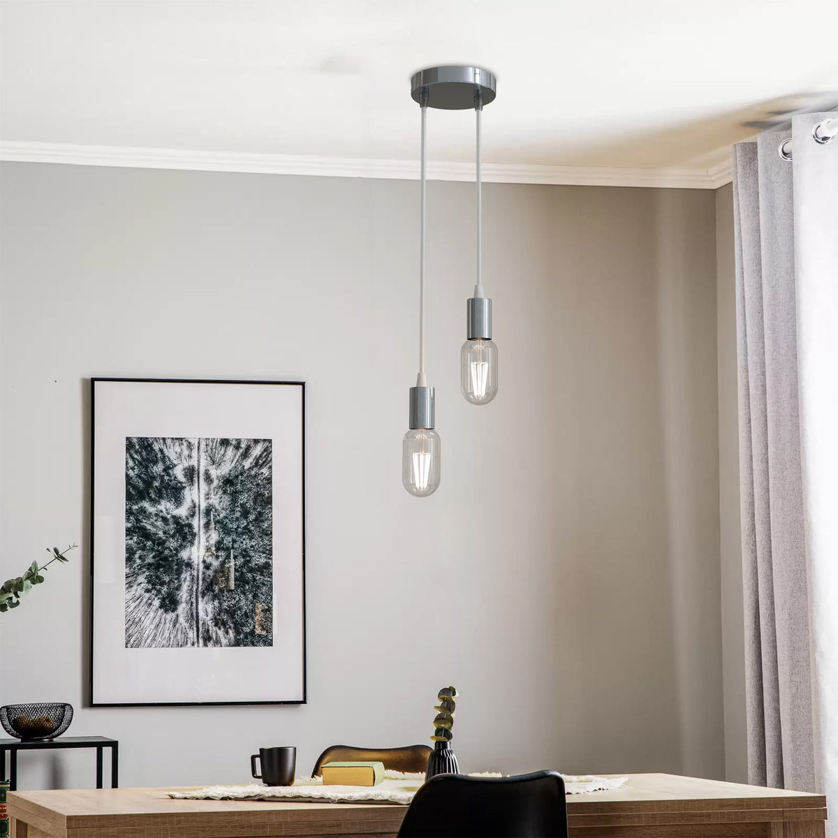 2-Light Pendant Fitting – Chrome E27 Holders, Clear Cable - photo 2