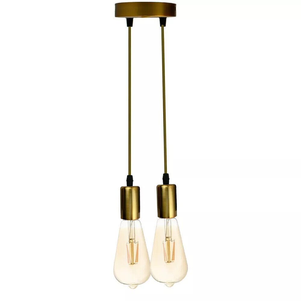 2-Light Pendant Holder Set – Green or Yellow Brass, Green Cable - Yellow Brass, No Shade, ST64 Bulb
