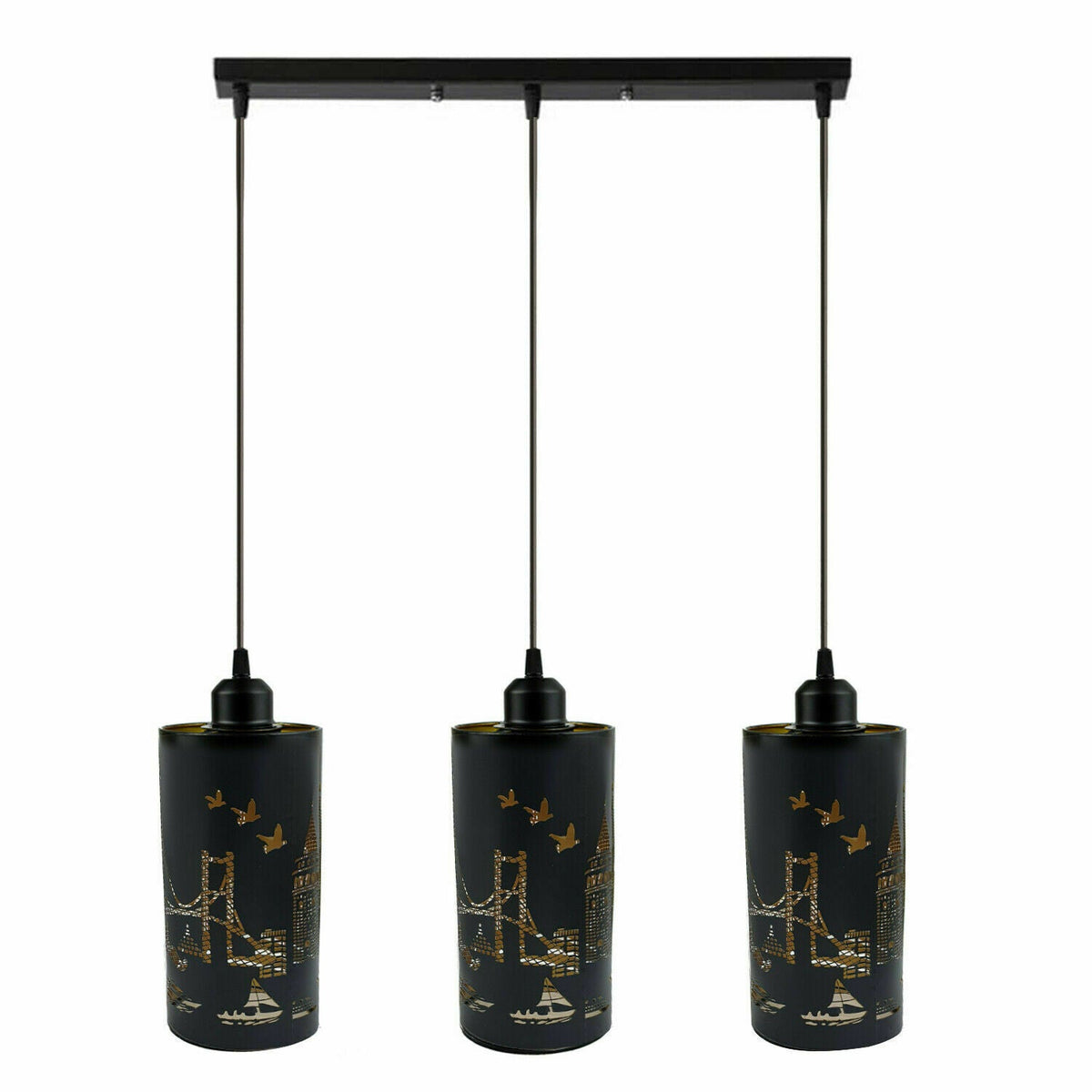 3 Light Cluster Pendant – Cones, Domes, Cylinders or Crystal Globes - Black, Black & Gold Patterned Cylinders, Straight Bar, Without Bulb