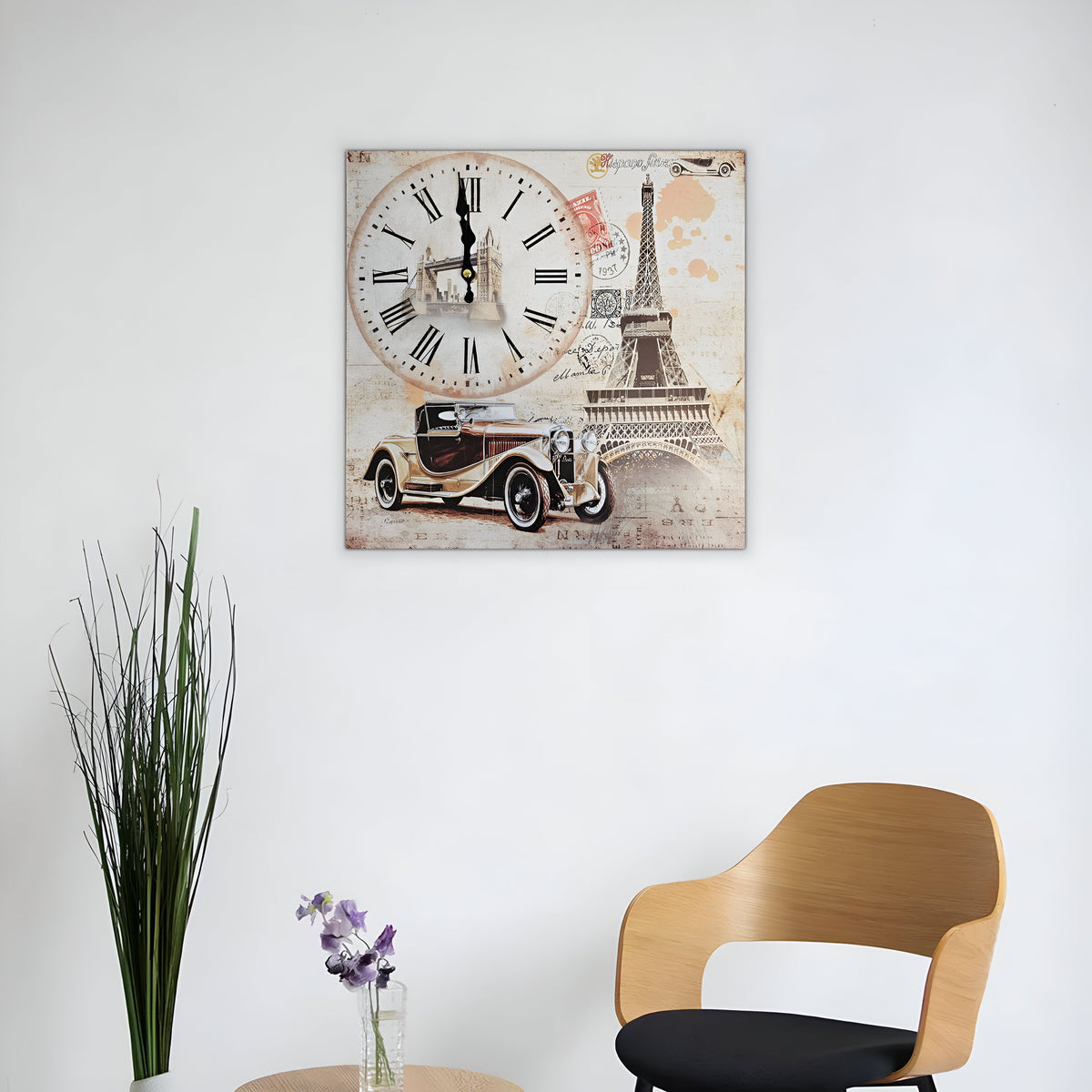 Eiffel Tower & Vintage Car Wall Clock – 38 cm Square, Frameless Wood - photo 10