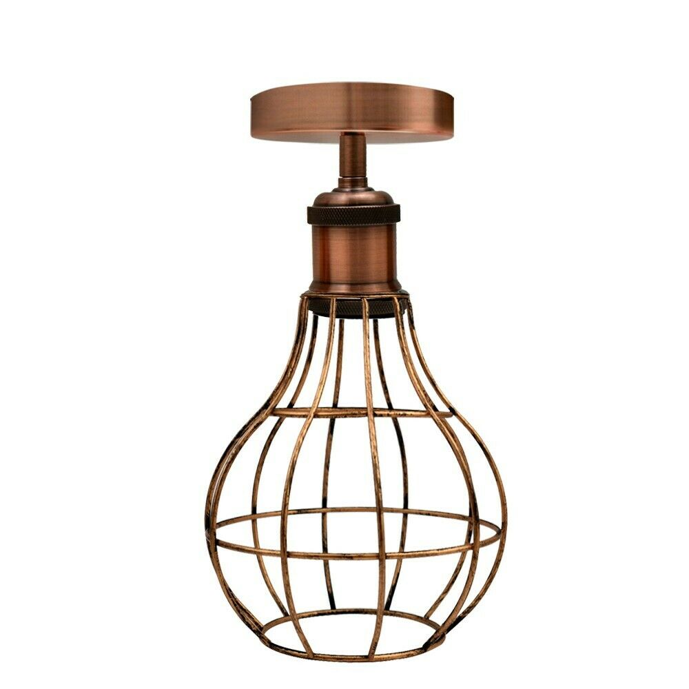Industrial Flush Mount Ceiling Light with Cage Shade – E27 - Copper, Balloon Cage Brushed Copper, Without Bulb
