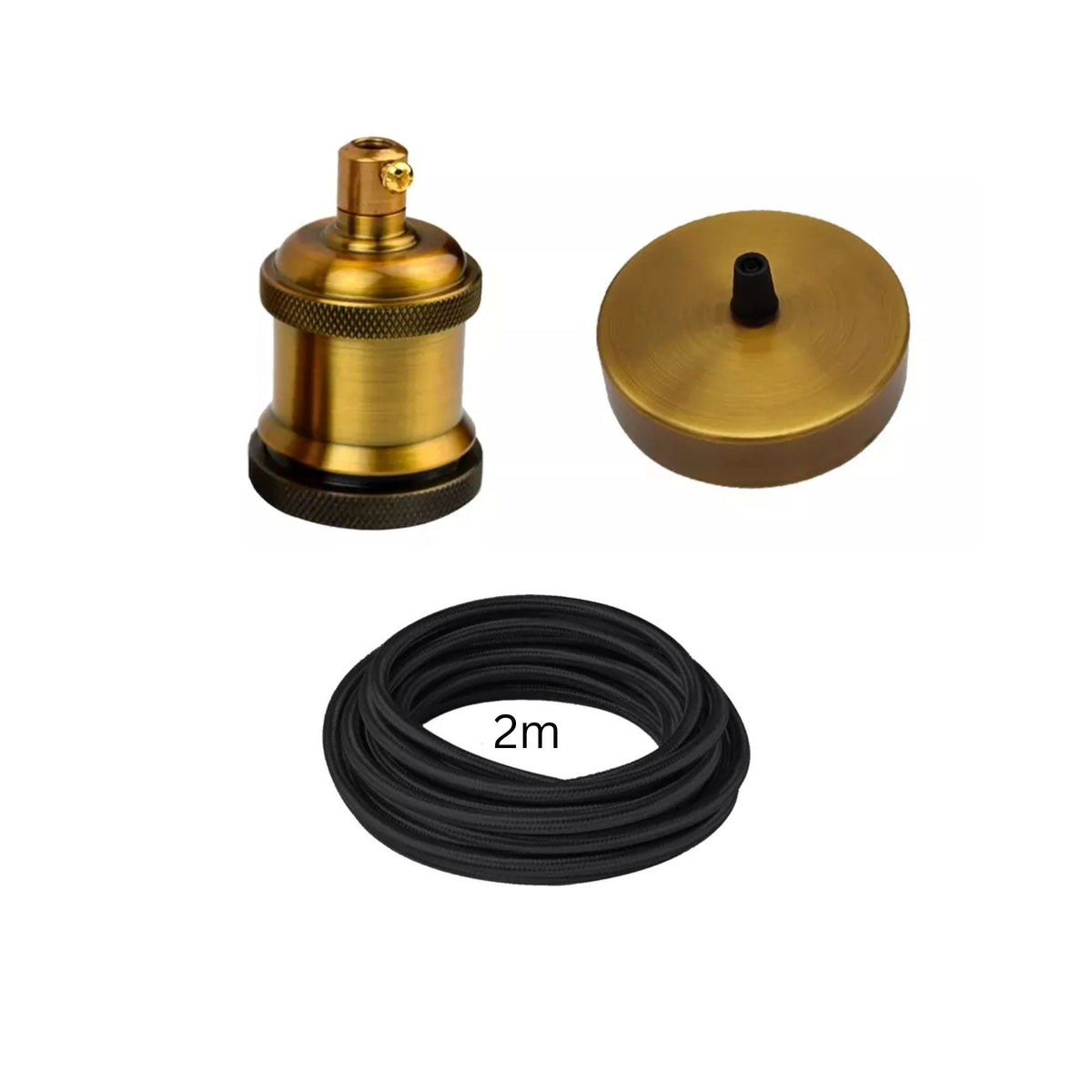 Pendant Light Set – Mix Holder, Rose & Cable Colours, E27 - Yellow Brass, Yellow Brass Rose, Black Round Cable 2 m, Without Bulb