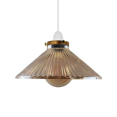 Amber Ribbed Glass Cone Lamp Shade 25 cm – with Shade Ring - 25 cm with Yellow Brass Shade Ring, Amber, Single