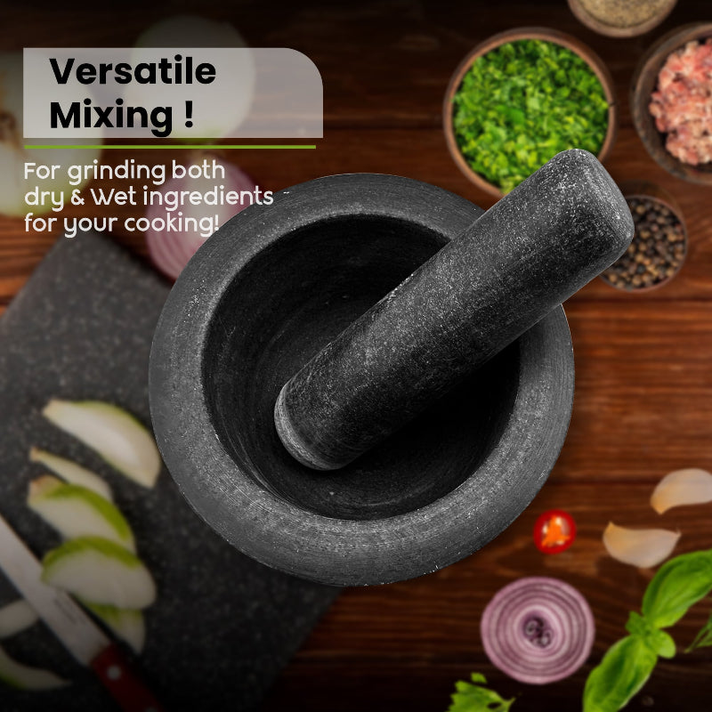 Stone mortar and pestle with ingredients on a wooden surface, labeled 'Versatile Mixing'.