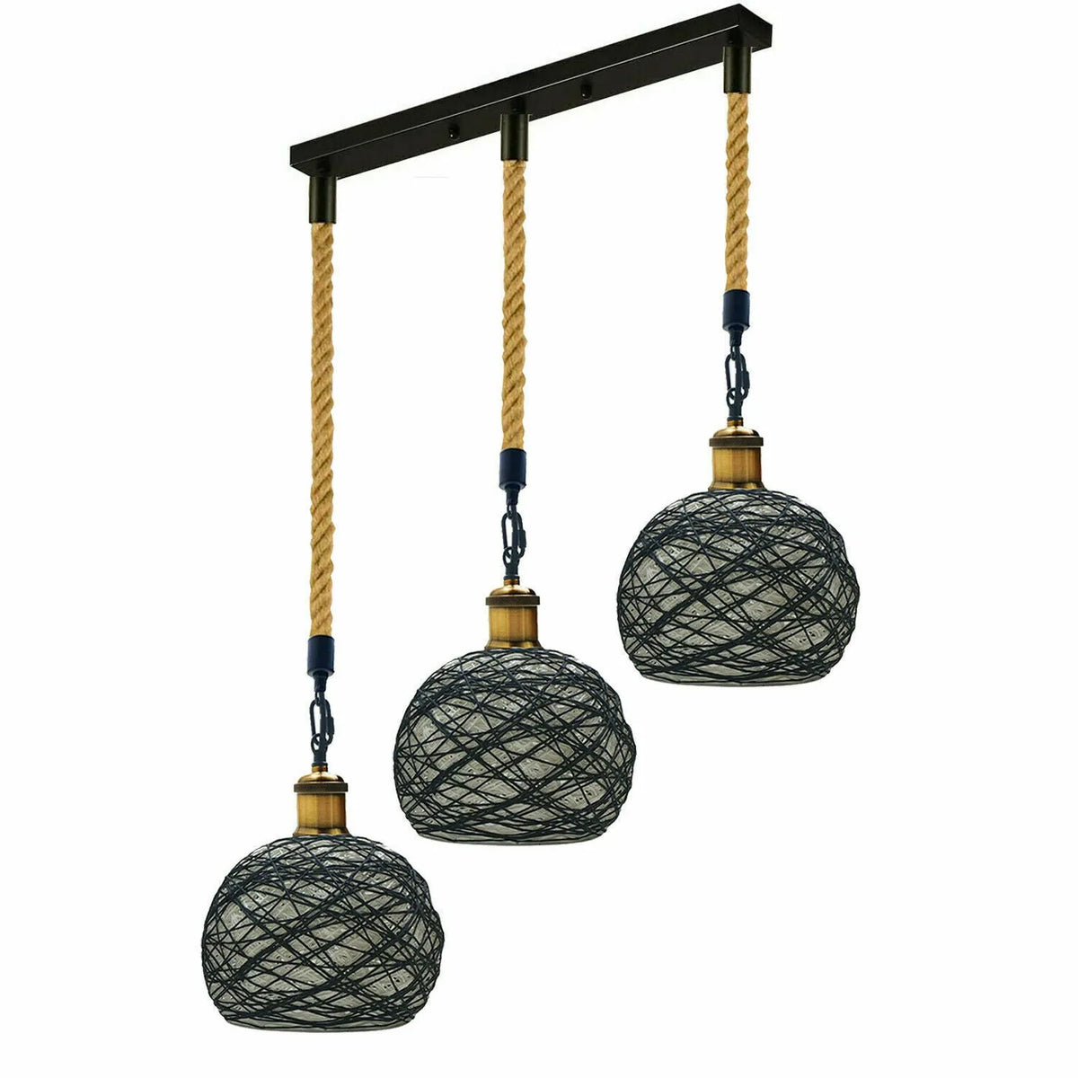 3-Light Hemp Rope Pendant – Brass Holders, Round Plate or Bar - Yellow Brass, Woven Ball Shade Black & White, Bar, Without Bulb