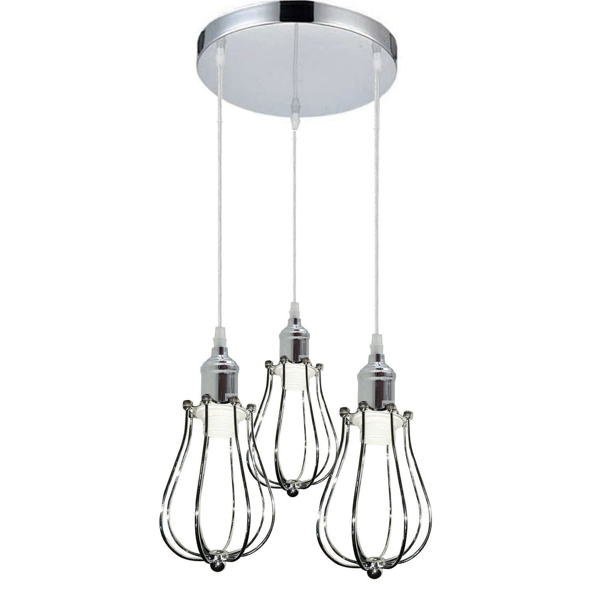 3 Head Cascade Pendant Light – 19 Cone & Cage Styles, Plate or Bar - Chrome, Round Cage Chrome, Round Plate, Without Bulb