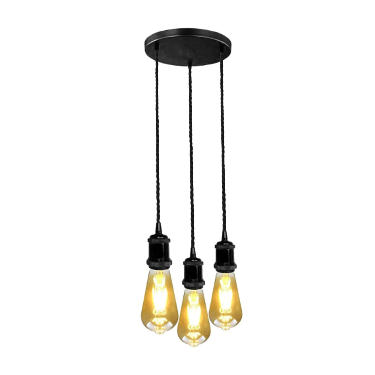 3-Light Cluster Pendant – Black Twisted Flex, E27 - Black, No Shade, Without Bulb