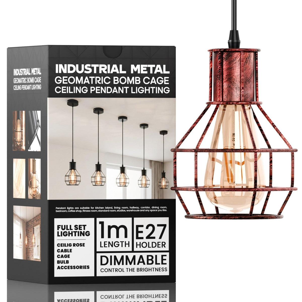 Cage Pendant Light – Rubber Cable, Optional Chain, E27, 4 Finishes - Rustic Red, Cage, ST64 LED Bulb 4W