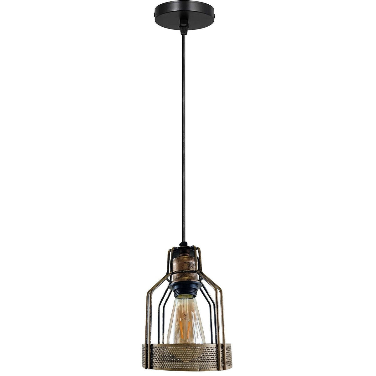 Industrial Semi-Flush Ceiling Light – E27, Dome or Flat Shade - Yellow Brass, Flat Black Shade Ring, Without Bulb