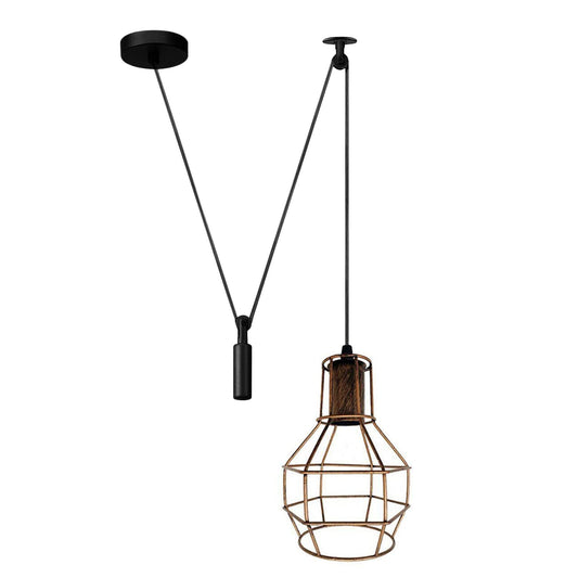Cage Pendant Light – Swag or Offset Hook, 4 Finishes, E27 - Brushed Copper, Offset Hook & Cable Weight, Without Bulb