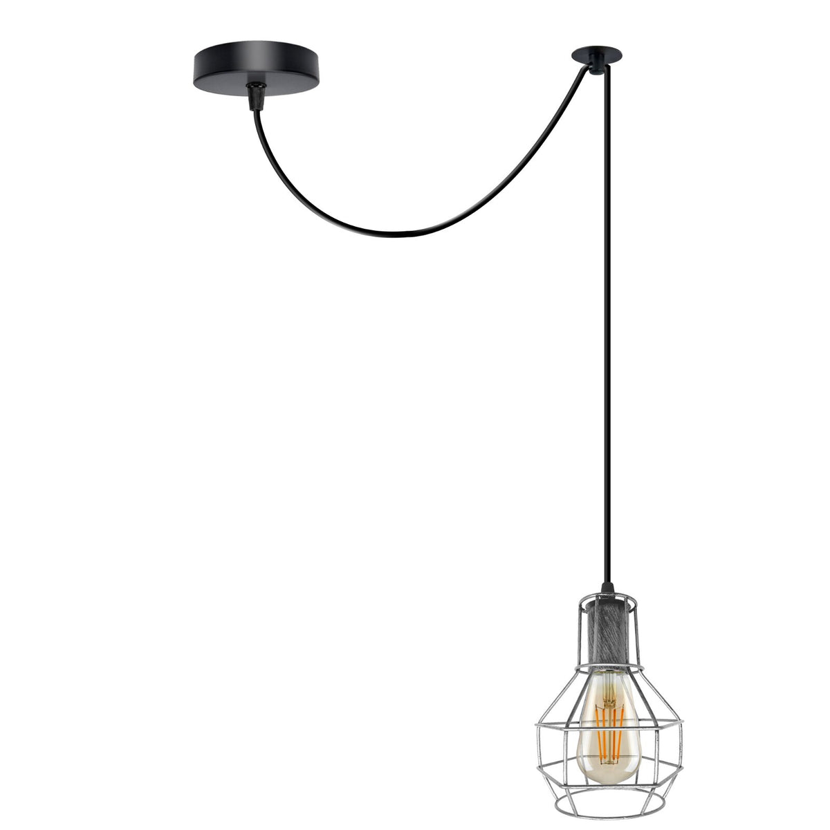 Cage Pendant Light – Swag or Offset Hook, 4 Finishes, E27 - Brushed Silver, Swag, 120 mm Rose & Hook, Without Bulb