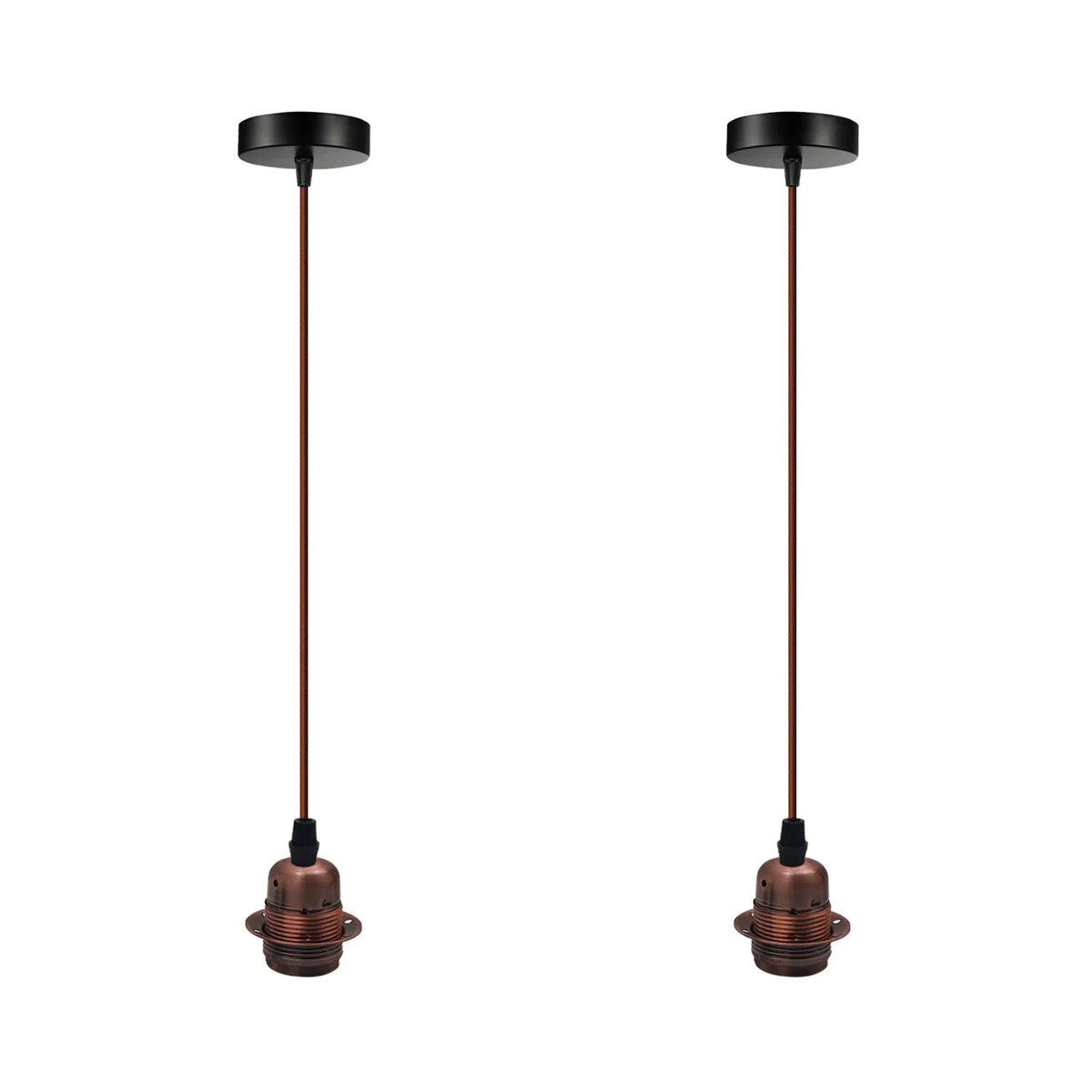 Copper Pendant Lamp Holder Set – Brown Cable, E27, Pack of 2 - Brown, Pack of 2, Without Bulb